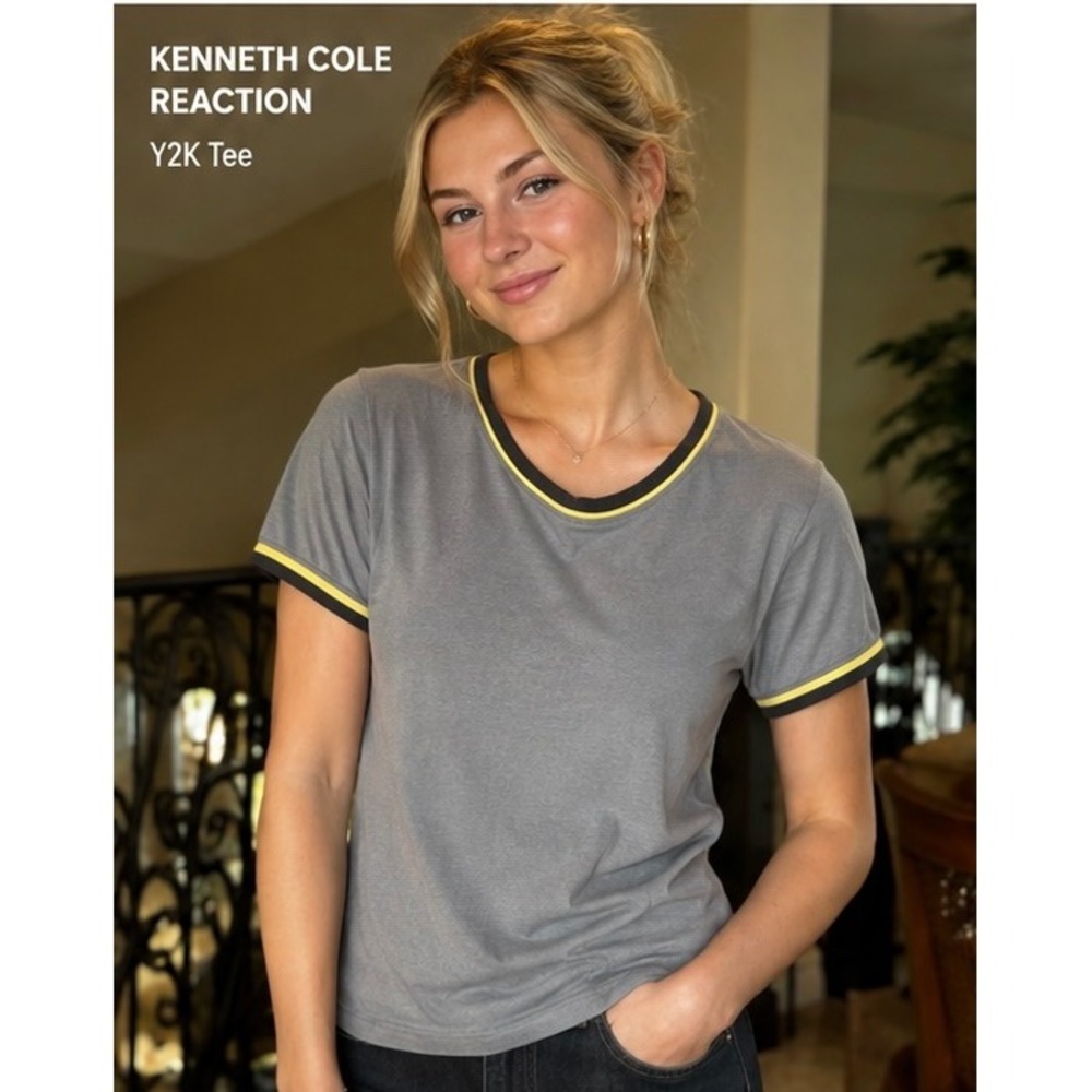 True Vintage Y2K Kenneth Cole Reaction Ringer Tee Gray Yellow M SONY